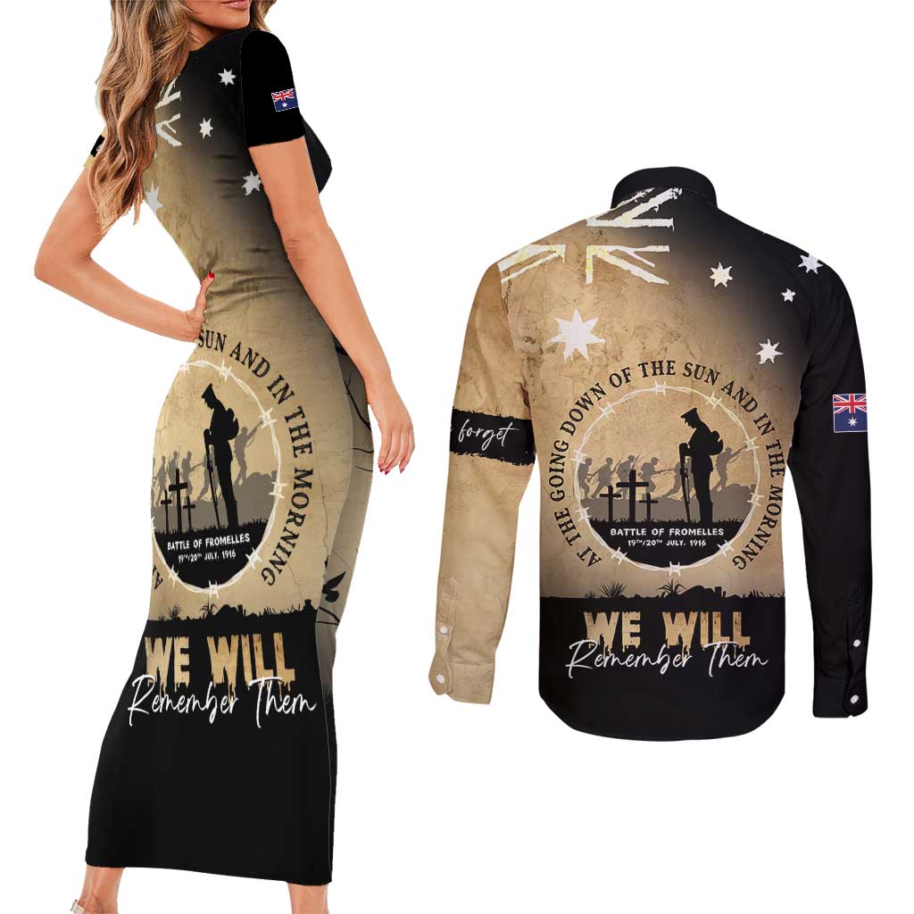 Australia ANZAC Day Couples Matching Short Sleeve Bodycon Dress and Long Sleeve Button Shirt Battle Of Fromelles Lest We Forget