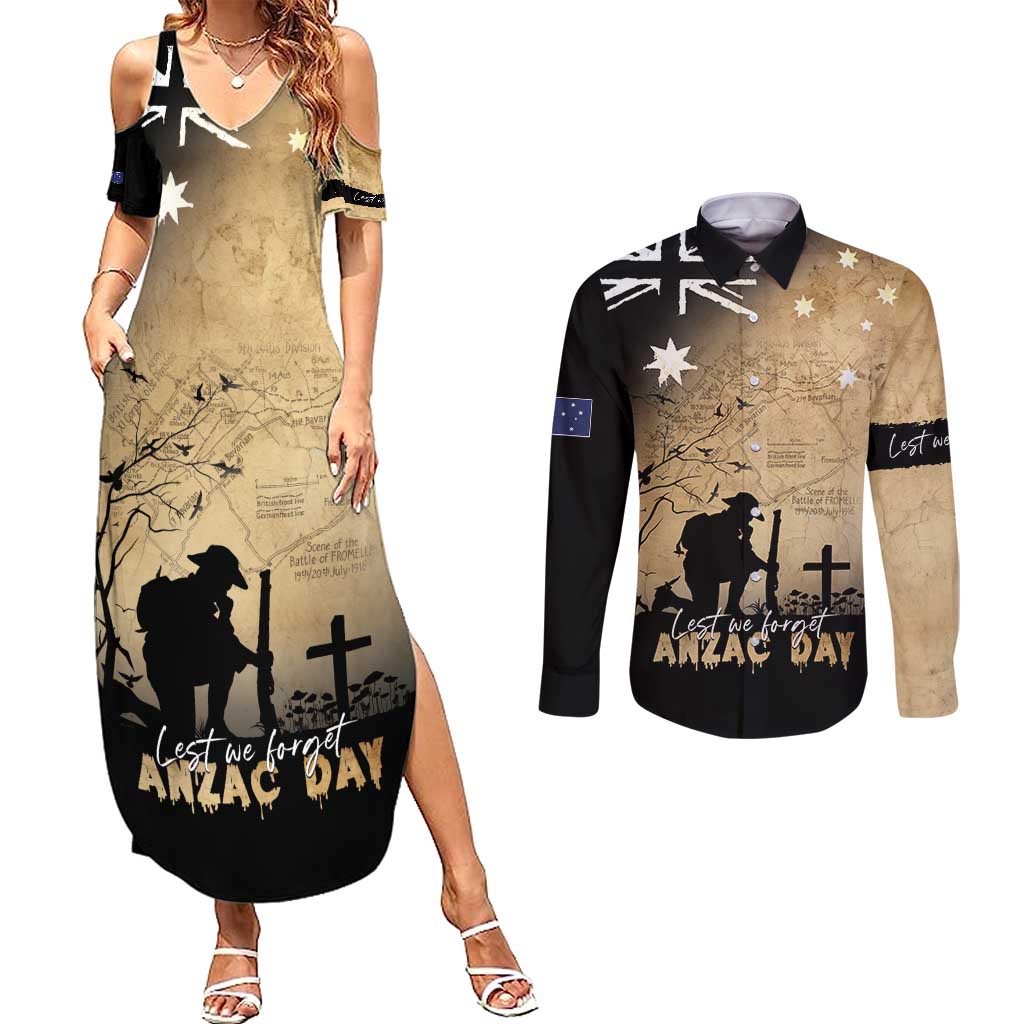 Australia ANZAC Day Couples Matching Summer Maxi Dress and Long Sleeve Button Shirt Battle Of Fromelles Lest We Forget