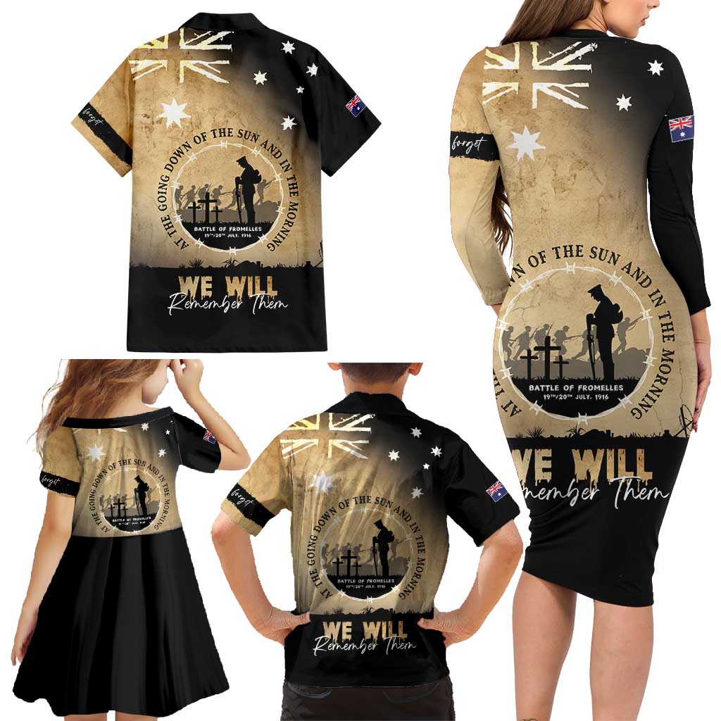 Australia ANZAC Day Family Matching Long Sleeve Bodycon Dress and Hawaiian Shirt Battle Of Fromelles Lest We Forget