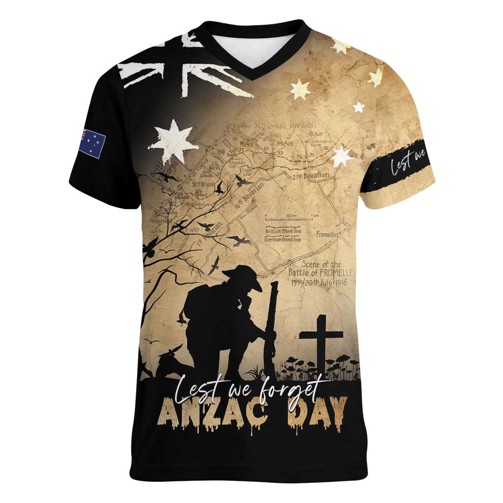 Australia ANZAC Day Women V-Neck T-Shirt Battle Of Fromelles Lest We Forget