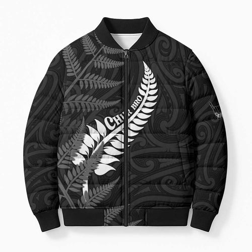 Personalised New Zealand Chur Bro Bomber Puffer Jacket Maori Koru With Silver Fern