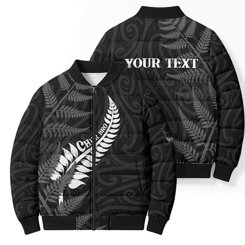 Personalised New Zealand Chur Bro Bomber Puffer Jacket Maori Koru With Silver Fern
