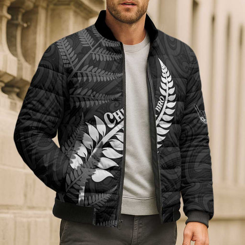 Personalised New Zealand Chur Bro Bomber Puffer Jacket Maori Koru With Silver Fern