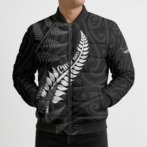 Personalised New Zealand Chur Bro Bomber Puffer Jacket Maori Koru With Silver Fern