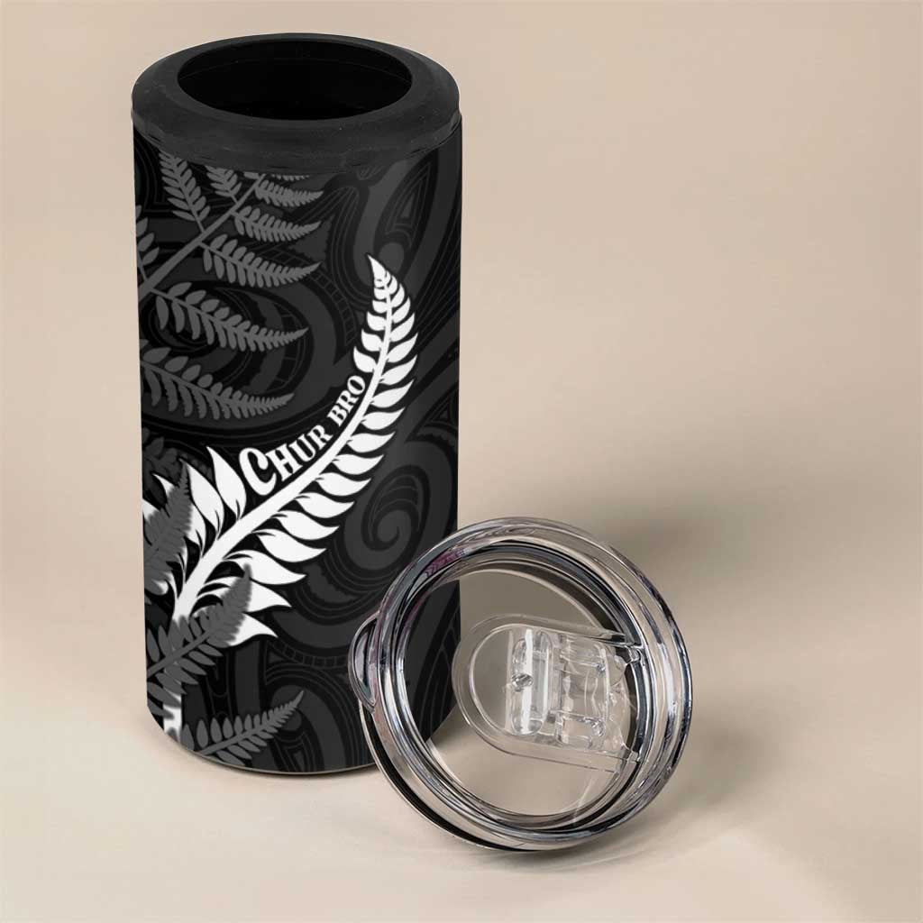 Personalised New Zealand Chur Bro 4 in 1 Can Cooler Tumbler Maori Koru With Silver Fern