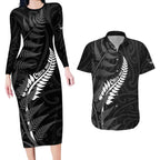 Personalised New Zealand Chur Bro Couples Matching Long Sleeve Bodycon Dress and Hawaiian Shirt Maori Koru With Silver Fern
