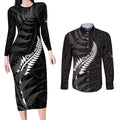 Personalised New Zealand Chur Bro Couples Matching Long Sleeve Bodycon Dress and Long Sleeve Button Shirt Maori Koru With Silver Fern
