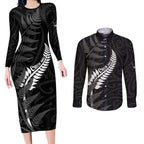 Personalised New Zealand Chur Bro Couples Matching Long Sleeve Bodycon Dress and Long Sleeve Button Shirt Maori Koru With Silver Fern