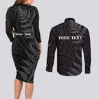 Personalised New Zealand Chur Bro Couples Matching Long Sleeve Bodycon Dress and Long Sleeve Button Shirt Maori Koru With Silver Fern