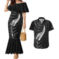 Personalised New Zealand Chur Bro Couples Matching Mermaid Dress and Hawaiian Shirt Maori Koru With Silver Fern