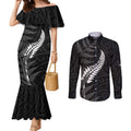 Personalised New Zealand Chur Bro Couples Matching Mermaid Dress and Long Sleeve Button Shirt Maori Koru With Silver Fern