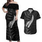 Personalised New Zealand Chur Bro Couples Matching Off Shoulder Maxi Dress and Hawaiian Shirt Maori Koru With Silver Fern