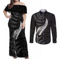 Personalised New Zealand Chur Bro Couples Matching Off Shoulder Maxi Dress and Long Sleeve Button Shirt Maori Koru With Silver Fern