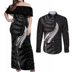 Personalised New Zealand Chur Bro Couples Matching Off Shoulder Maxi Dress and Long Sleeve Button Shirt Maori Koru With Silver Fern