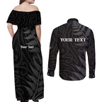 Personalised New Zealand Chur Bro Couples Matching Off Shoulder Maxi Dress and Long Sleeve Button Shirt Maori Koru With Silver Fern