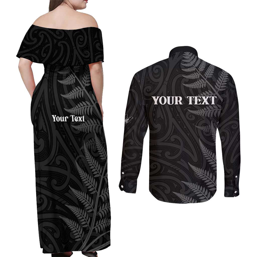 Personalised New Zealand Chur Bro Couples Matching Off Shoulder Maxi Dress and Long Sleeve Button Shirt Maori Koru With Silver Fern