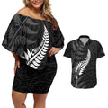 Personalised New Zealand Chur Bro Couples Matching Off Shoulder Short Dress and Hawaiian Shirt Maori Koru With Silver Fern