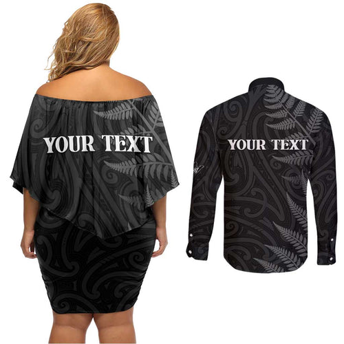 Personalised New Zealand Chur Bro Couples Matching Off Shoulder Short Dress and Long Sleeve Button Shirt Maori Koru With Silver Fern