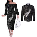 Personalised New Zealand Chur Bro Couples Matching Off The Shoulder Long Sleeve Dress and Long Sleeve Button Shirt Maori Koru With Silver Fern