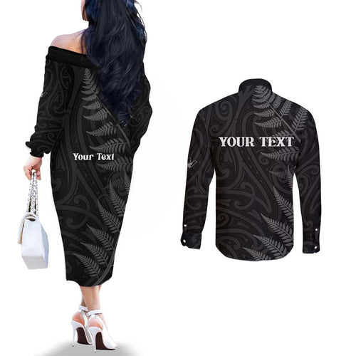 Personalised New Zealand Chur Bro Couples Matching Off The Shoulder Long Sleeve Dress and Long Sleeve Button Shirt Maori Koru With Silver Fern