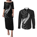 Personalised New Zealand Chur Bro Couples Matching Puletasi and Long Sleeve Button Shirt Maori Koru With Silver Fern