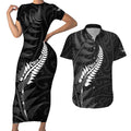 Personalised New Zealand Chur Bro Couples Matching Short Sleeve Bodycon Dress and Hawaiian Shirt Maori Koru With Silver Fern