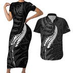 Personalised New Zealand Chur Bro Couples Matching Short Sleeve Bodycon Dress and Hawaiian Shirt Maori Koru With Silver Fern