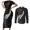 Personalised New Zealand Chur Bro Couples Matching Short Sleeve Bodycon Dress and Long Sleeve Button Shirt Maori Koru With Silver Fern