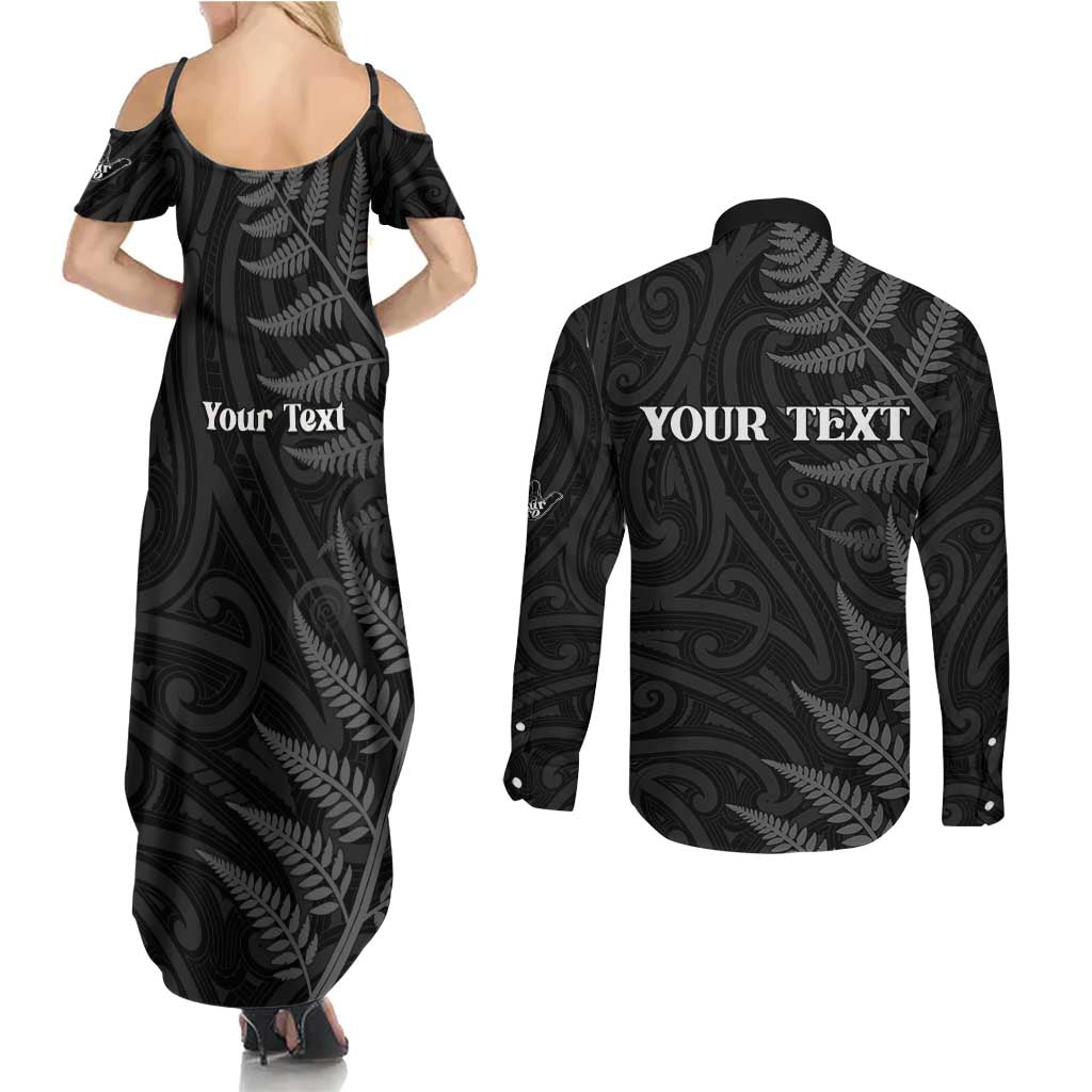 Personalised New Zealand Chur Bro Couples Matching Summer Maxi Dress and Long Sleeve Button Shirt Maori Koru With Silver Fern