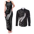Personalised New Zealand Chur Bro Couples Matching Tank Maxi Dress and Long Sleeve Button Shirt Maori Koru With Silver Fern