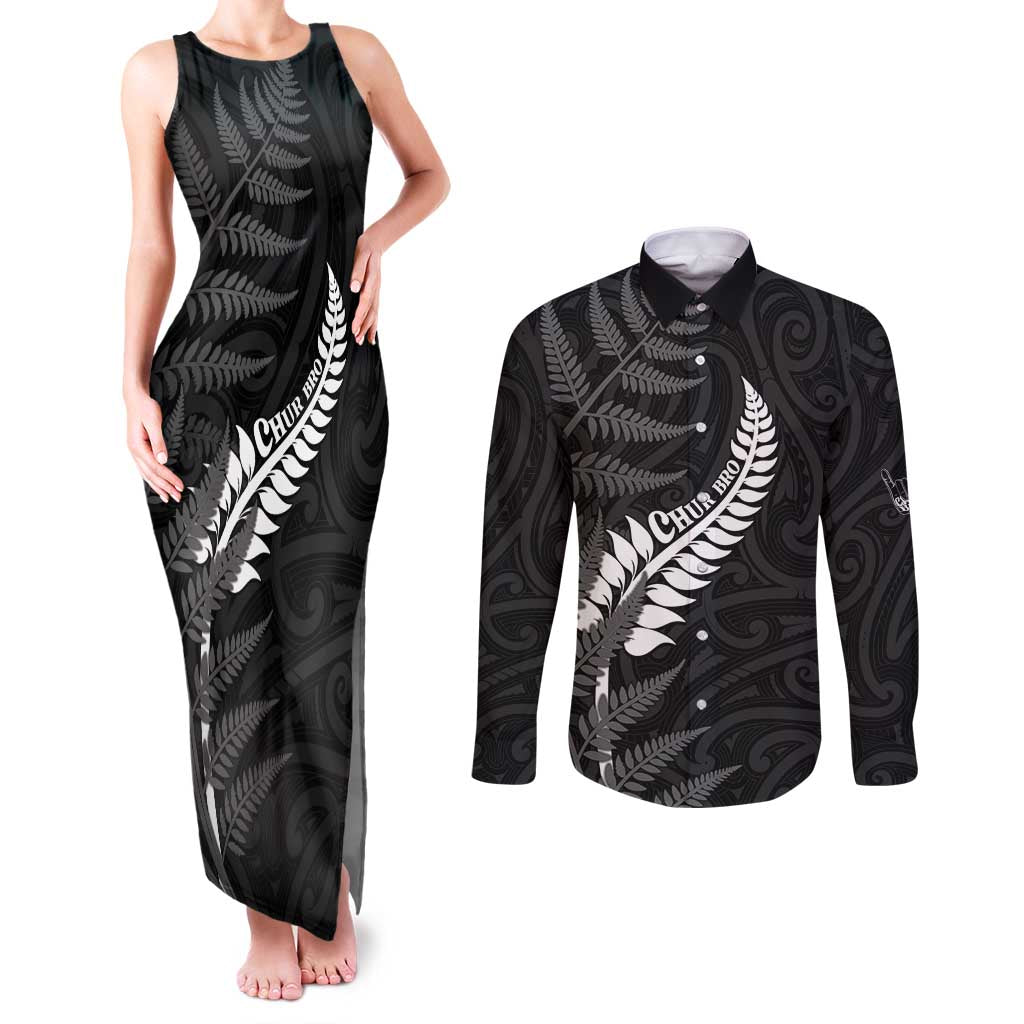 Personalised New Zealand Chur Bro Couples Matching Tank Maxi Dress and Long Sleeve Button Shirt Maori Koru With Silver Fern