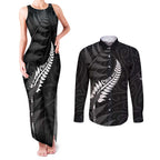 Personalised New Zealand Chur Bro Couples Matching Tank Maxi Dress and Long Sleeve Button Shirt Maori Koru With Silver Fern