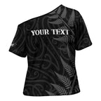 Personalised New Zealand Chur Bro Cross Shoulder Shirt Maori Koru With Silver Fern