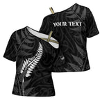 Personalised New Zealand Chur Bro Cross Shoulder Shirt Maori Koru With Silver Fern