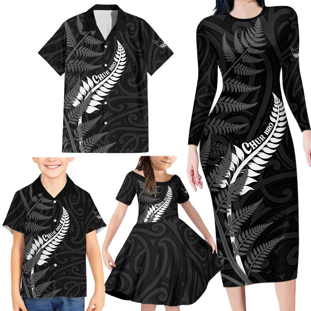 Personalised New Zealand Chur Bro Family Matching Long Sleeve Bodycon Dress and Hawaiian Shirt Maori Koru With Silver Fern