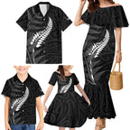 Personalised New Zealand Chur Bro Family Matching Mermaid Dress and Hawaiian Shirt Maori Koru With Silver Fern