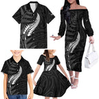 Personalised New Zealand Chur Bro Family Matching Off The Shoulder Long Sleeve Dress and Hawaiian Shirt Maori Koru With Silver Fern