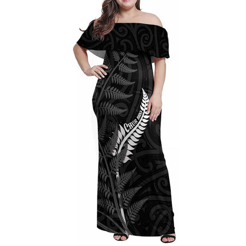 Personalised New Zealand Chur Bro Family Matching Off Shoulder Maxi Dress and Hawaiian Shirt Maori Koru With Silver Fern