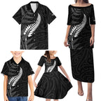 Personalised New Zealand Chur Bro Family Matching Puletasi and Hawaiian Shirt Maori Koru With Silver Fern