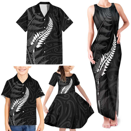 Personalised New Zealand Chur Bro Family Matching Tank Maxi Dress and Hawaiian Shirt Maori Koru With Silver Fern