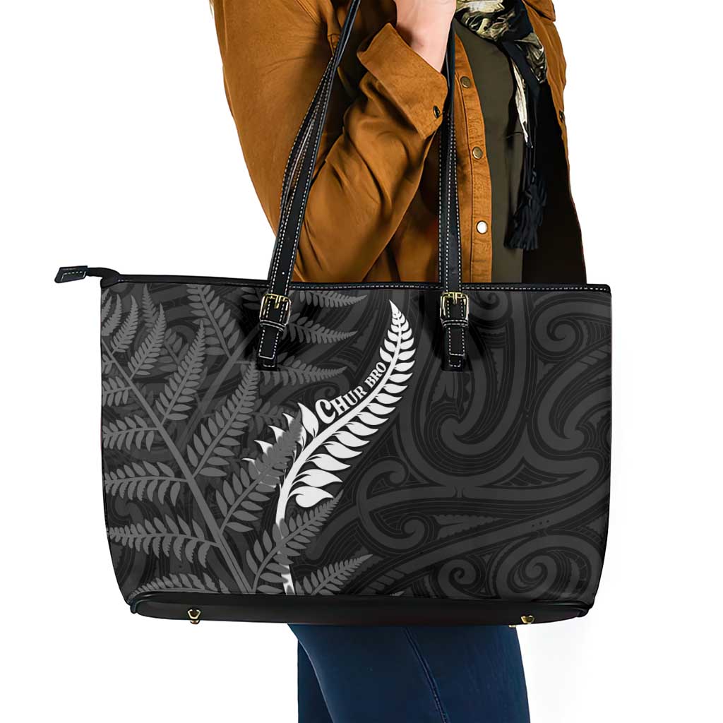 New Zealand Chur Bro Leather Tote Bag Maori Koru With Silver Fern