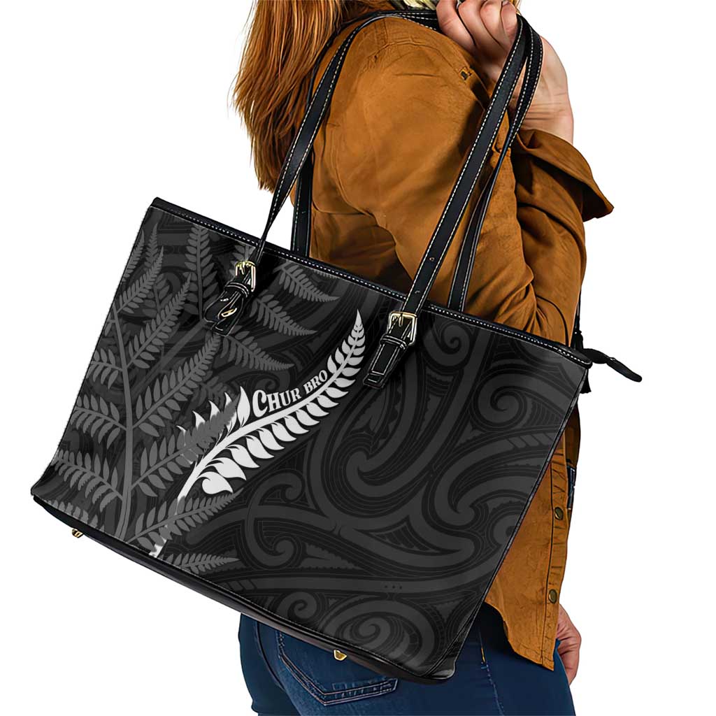 New Zealand Chur Bro Leather Tote Bag Maori Koru With Silver Fern