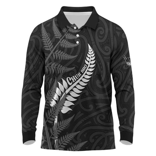 Personalised New Zealand Chur Bro Long Sleeve Polo Shirt Maori Koru With Silver Fern