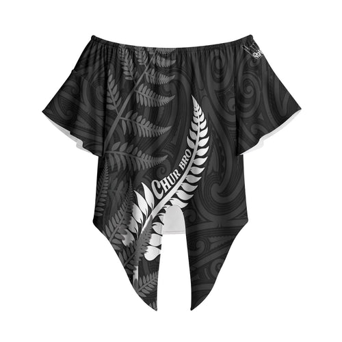 Personalised New Zealand Chur Bro Off Shoulder Wrap Waist Top Maori Koru With Silver Fern