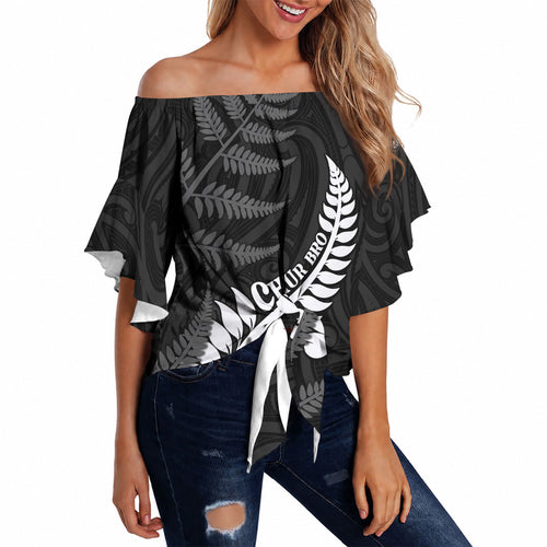 Personalised New Zealand Chur Bro Off Shoulder Wrap Waist Top Maori Koru With Silver Fern