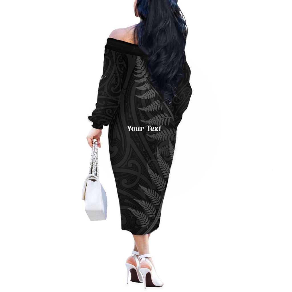 Personalised New Zealand Chur Bro Off The Shoulder Long Sleeve Dress Maori Koru With Silver Fern
