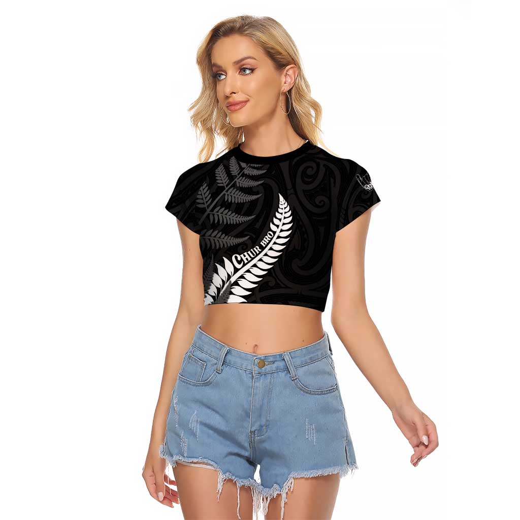 Personalised New Zealand Chur Bro Raglan Cropped T Shirt Maori Koru With Silver Fern