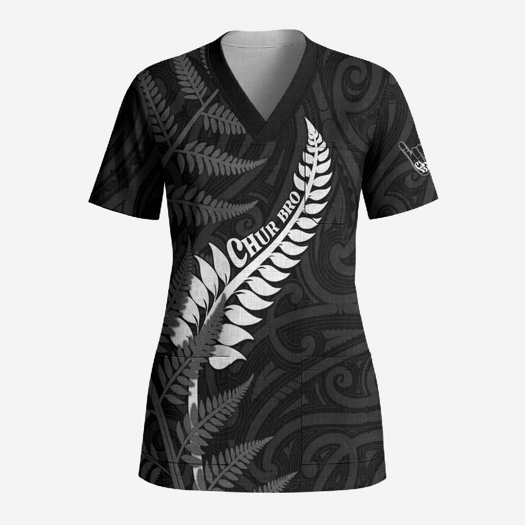 Personalised New Zealand Chur Bro Scrub Top Maori Koru With Silver Fern