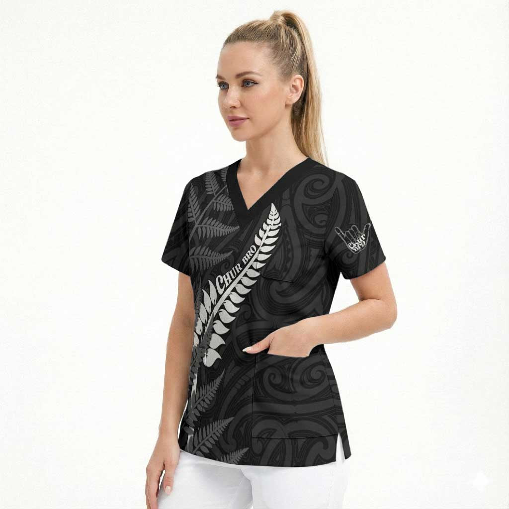 Personalised New Zealand Chur Bro Scrub Top Maori Koru With Silver Fern
