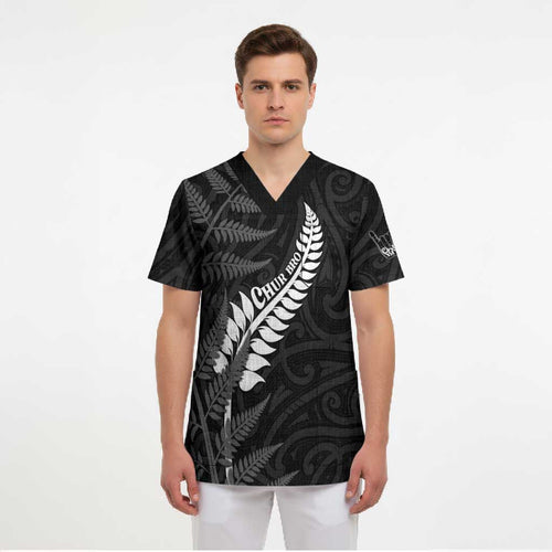 Personalised New Zealand Chur Bro Scrub Top Maori Koru With Silver Fern